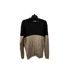 STRUCTURE COLOR BLOCK RIBBED COTTON V NECK PULLOVER SWEATER NAVY TAN XL